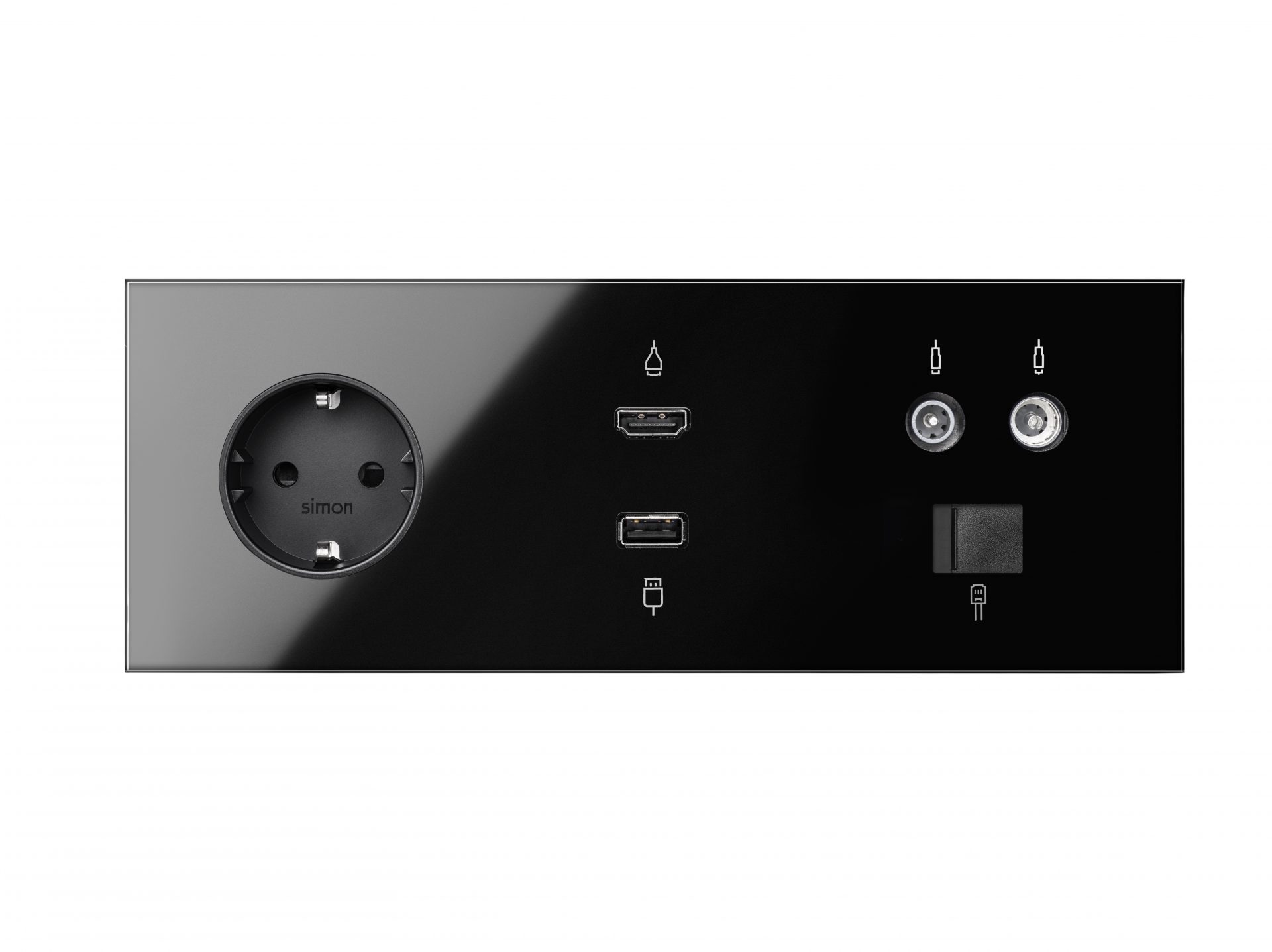 Wandcontactdoos + USB + HDMI + RJ45 + R/TV SAT Simon 100, zwart